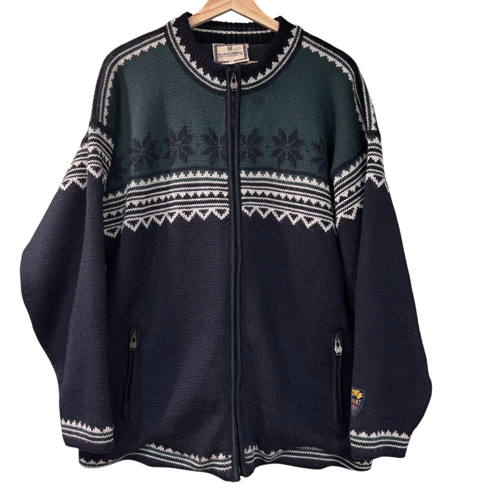 Dale of Norway Navy and Dark Green Wool Heavyweight Zip Up Sweater Size L